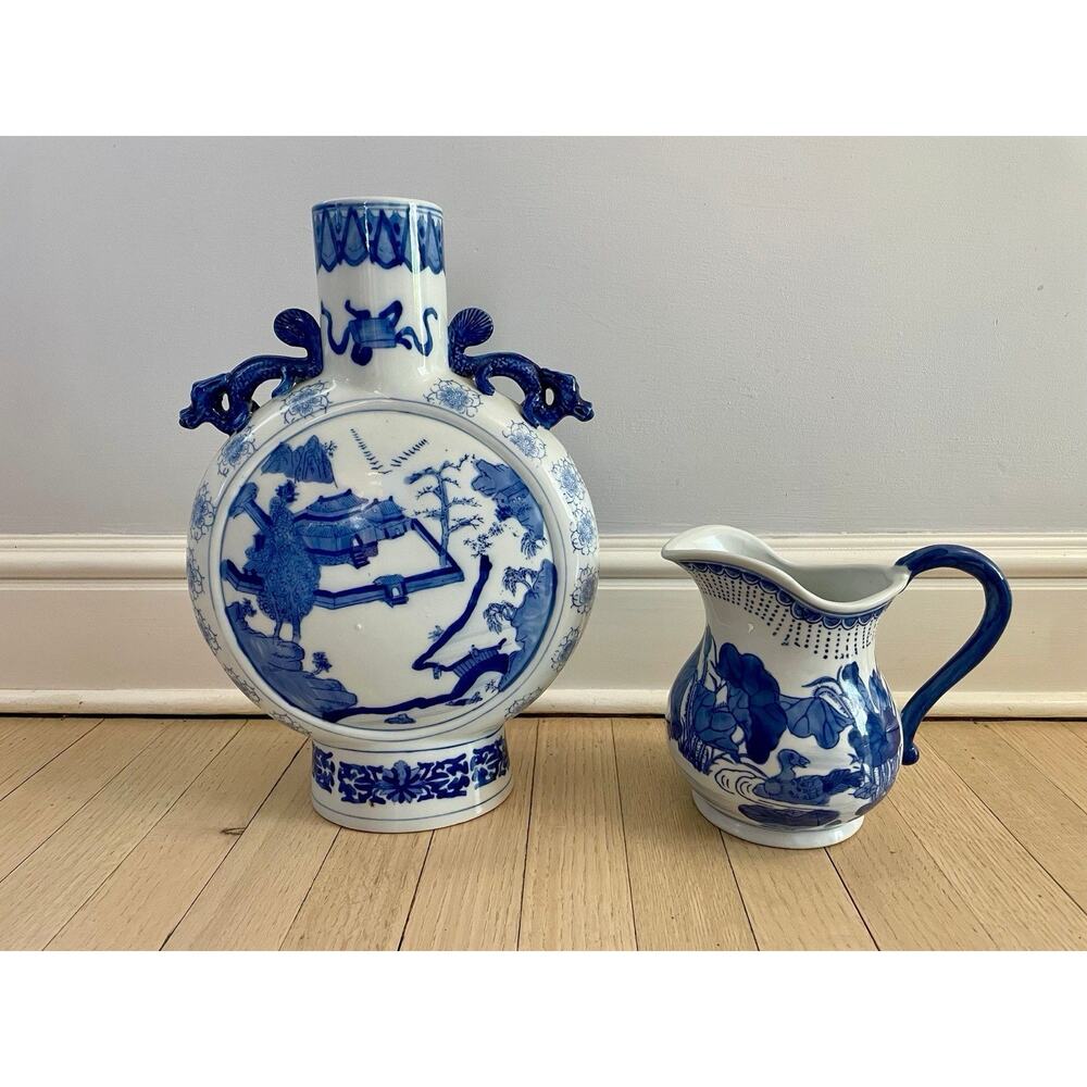 Two’s Company Canton Collection Blue & White Vase and Pitcher Set